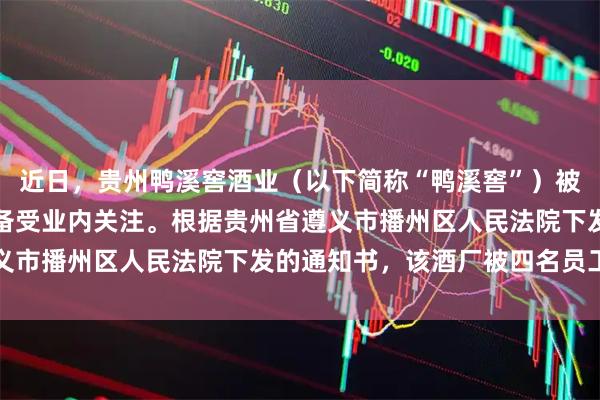 近日，贵州鸭溪窖酒业（以下简称“鸭溪窖”）被员工申请破产清算一事备受业内关注。根据贵州省遵义市播州区人民法院下发的通知书，该酒厂被四名员工正